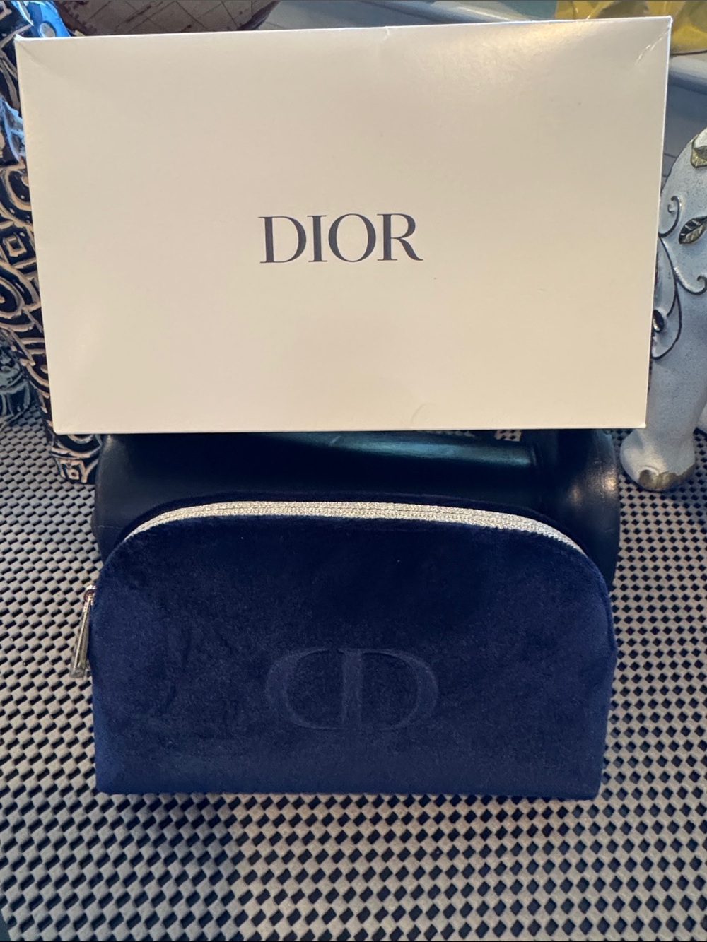Dior Navy Blue Velvet Cosmetic Case with Embossed CD Logo New